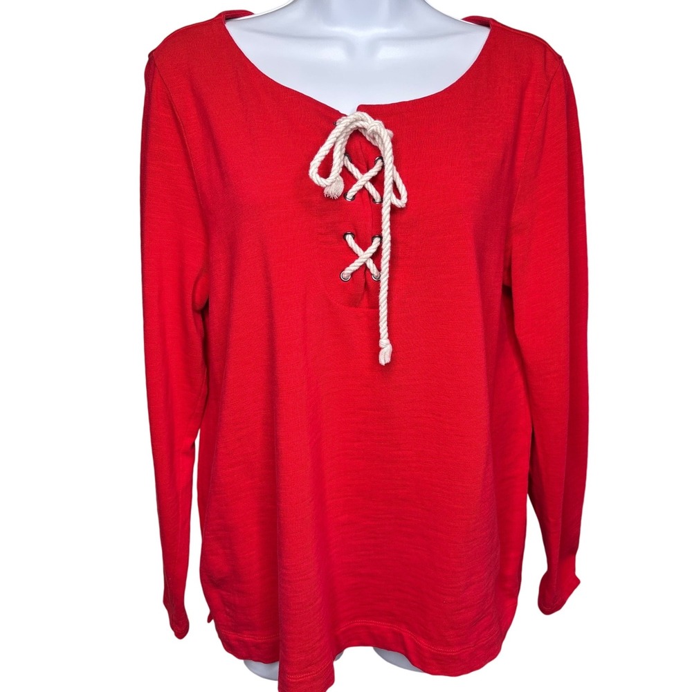 TALBOTS Red Lace Up Long Sleeve Top Sz‎ L Slub Knit Nautical Preppy Classic Chic